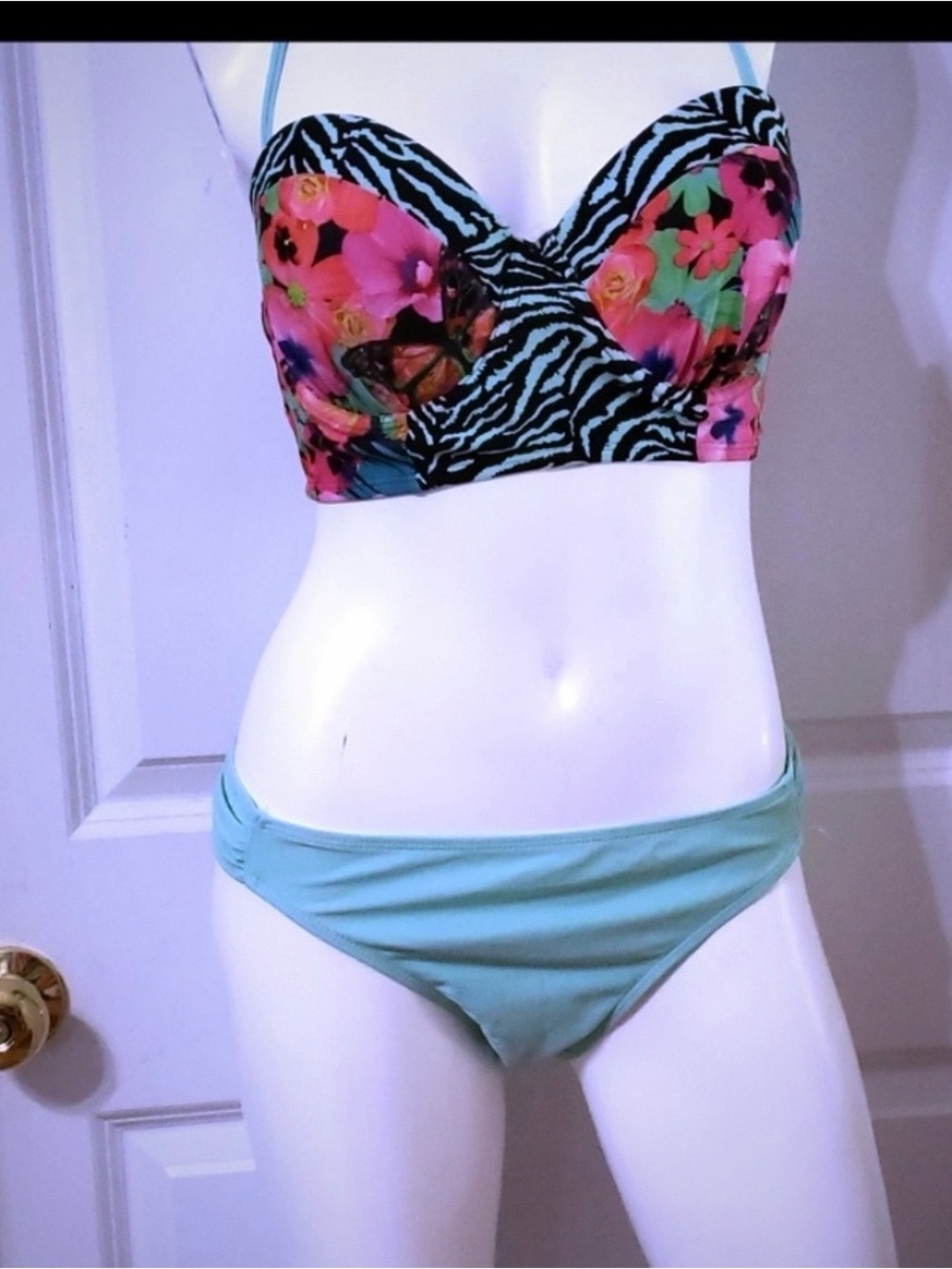 Floral Zebra Bustier Bikini Top with Light Blue Bikini Bottom